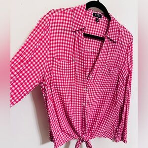 Jones NY Tie Front Blouse Pink Gingham Plaid